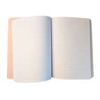 Open lined pages of a red Christian devotional notebook with a faint floral pattern on the inside cover.