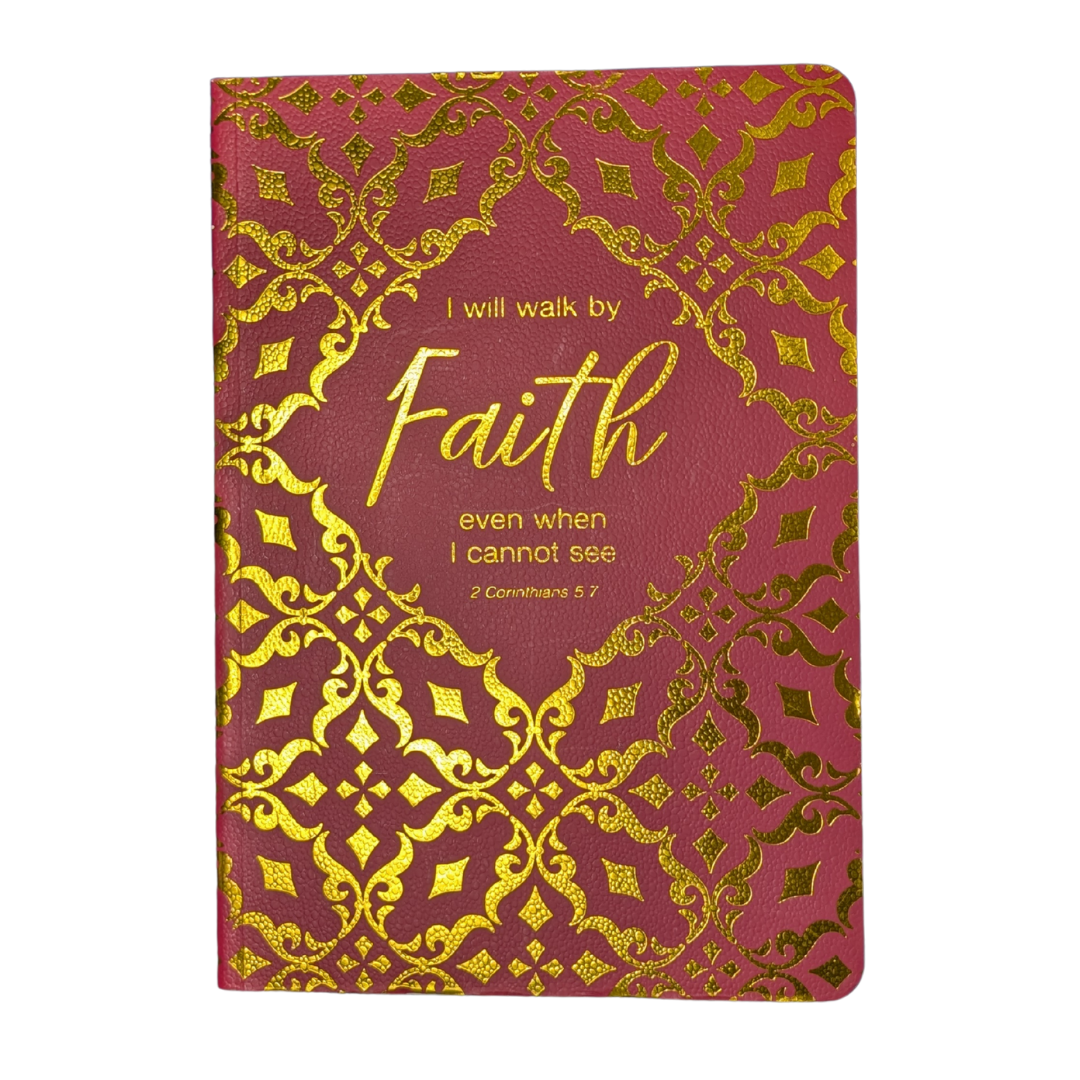 Red and gold leather-like journal with "I will walk by Faith even when I cannot see" 2 Corinthians 5:7 on the front cover.