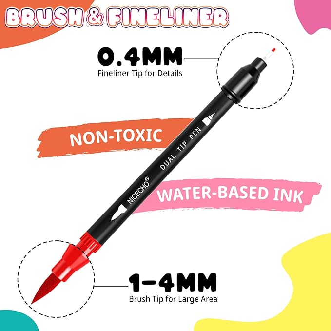 Nicecho Dual Tip Colored Marker Pen Set | Fine & Brush Tip Art Supplies