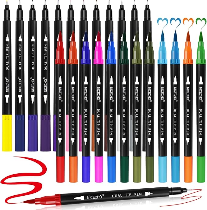 Nicecho Dual Tip Colored Marker Pen Set | Fine & Brush Tip Art Supplies