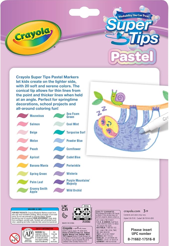 Crayola Super Tips Pastel Markers 20 Count | Washable Fine/Thick Tip