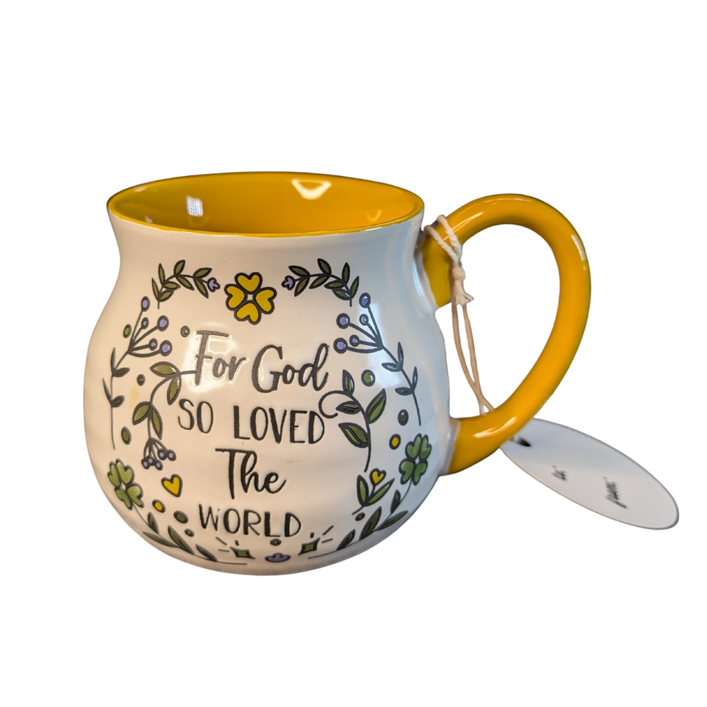 "For God So Loved The World" Ceramic Mug | John 3:16 Yellow & Floral Design