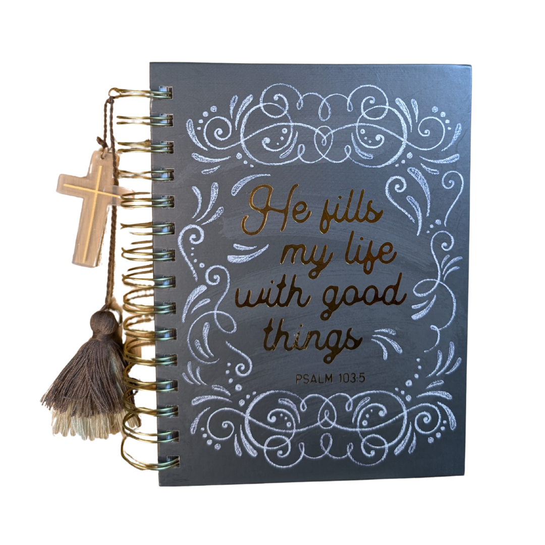 "He Fills My Life" Spiral Journal | Psalm 103:5 Tassel & Cross Charm